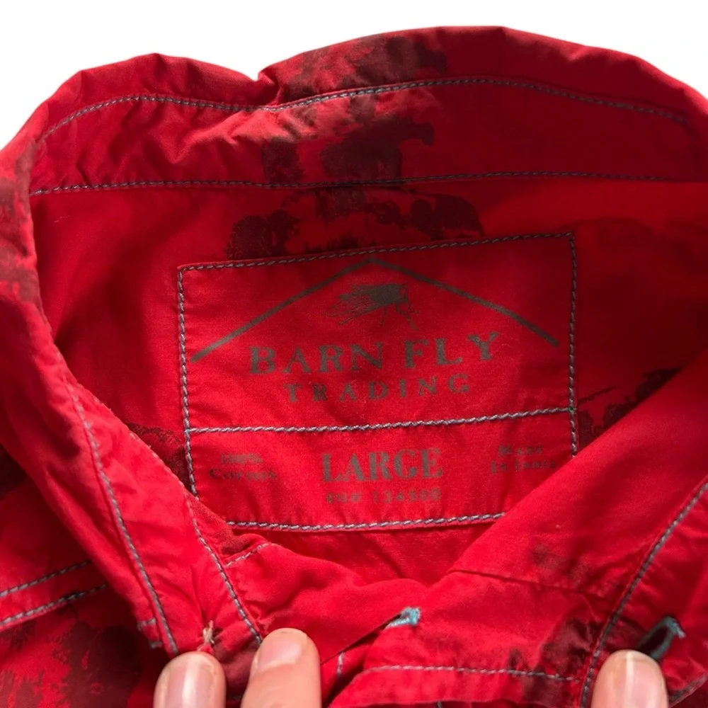 Barn Fly Buffalo Print Button Down Mens size Large 100% Cotton Red Western Rodeo